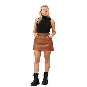 Versona Tan Faux Leather Belted Mini Skirt Women's Size XL NWT